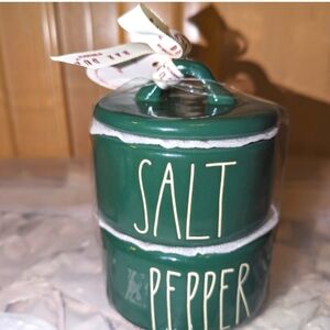 Rae Dunn dark green Christmas salt and pepper stacker. St Patrick's Day Decor.
